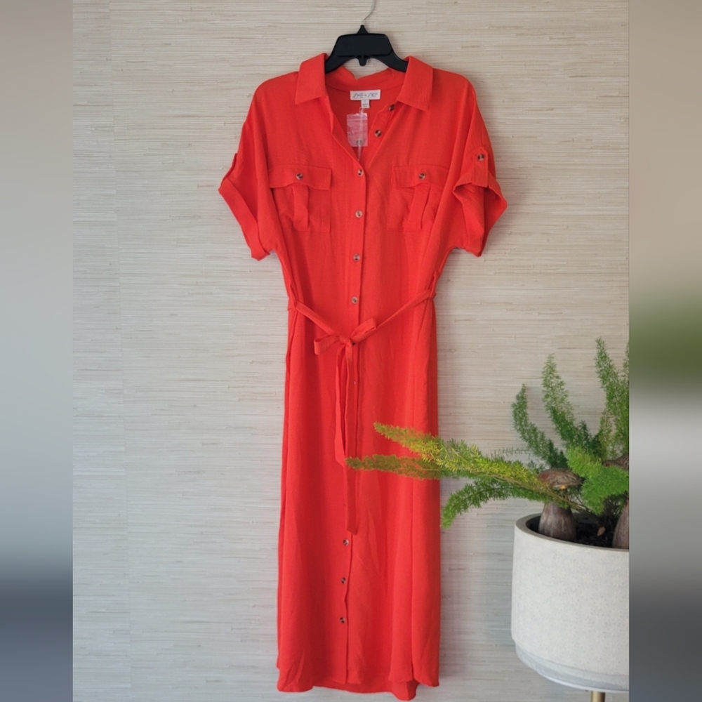 Vibrant Red Button-Down Dress Size L